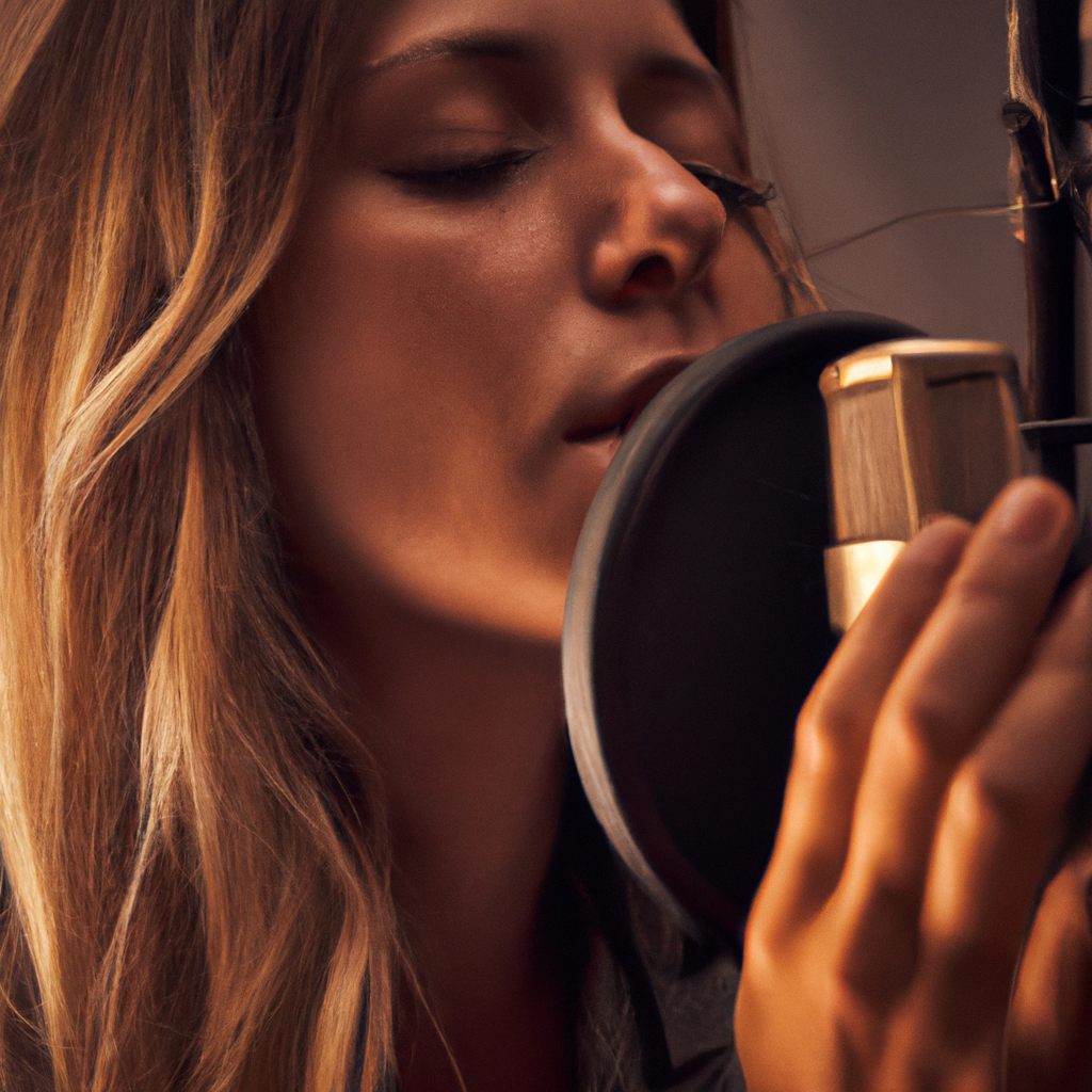 Artiste voix off française au micro en studio acoustique, lumière chaude, détail élevé